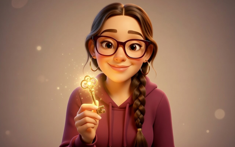 Une femme avec des lunettes, les cheveux tressés, expression chaleureuse, tient une clé d'or brillante avec une expression bienveillante.