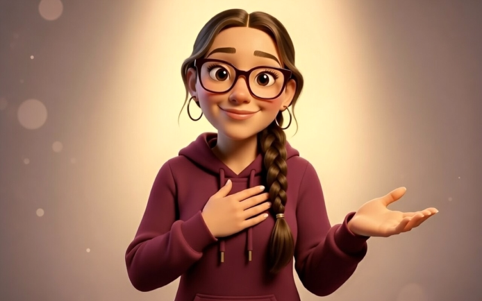 Une femme souriante avec des lunettes et une queue de cheval tressée, vêtue dun hoodie pourpre, les mains étendues dans un geste de conversation.